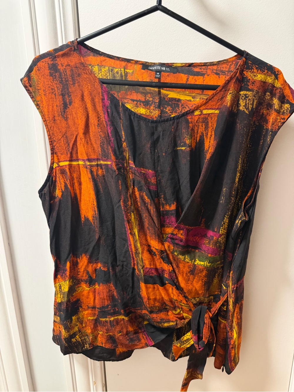 Lafayette 148 Black & Orange Abstract Wrap-Front Women’s Top silk sz 16